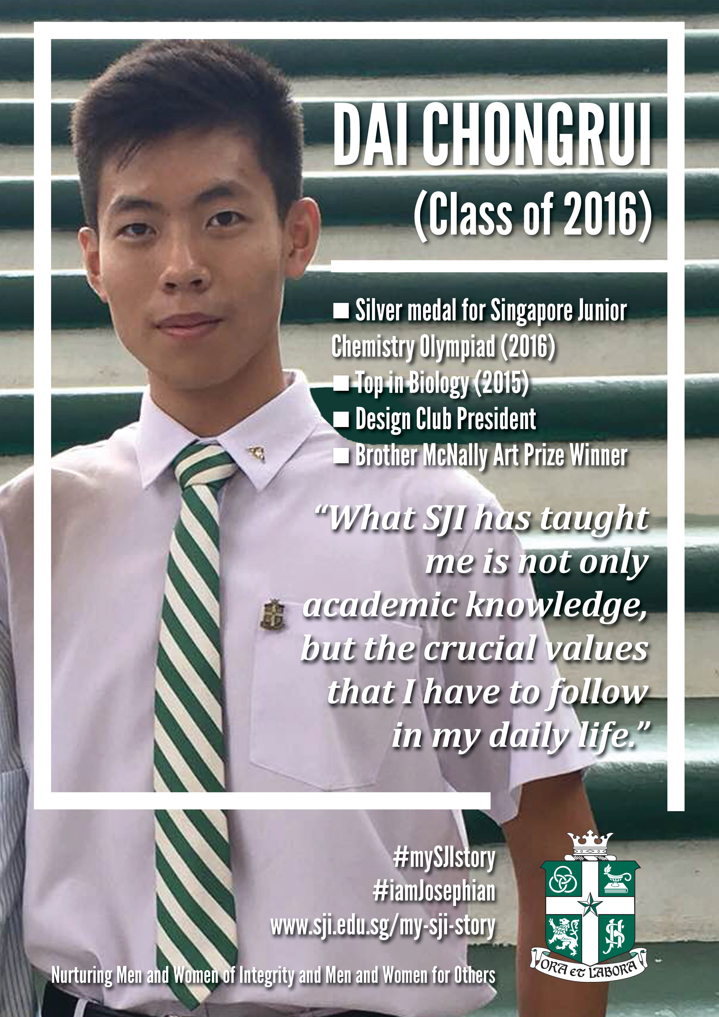 Student in white uniform with green striped tie; poster text lists achievements and quote, class of 2016.